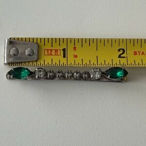 Vintage Silver Tone Green & Rhinestone Fashion  Bobby pin Barrette